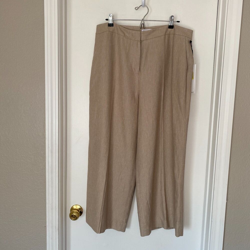 NWT CALVIN KLEIN Beige Linen Blend Pockets Work Career Capri Pants Size 14